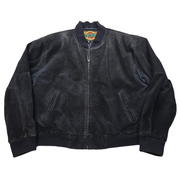 GIII Suede Leather Bomber Jacket‎ Mens Large Black Zip Varsity